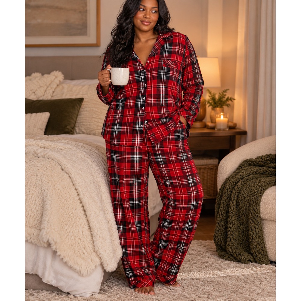 Victoria's Secret Flannel LS Shirt Pants Plaid Pajama Set Large Pjs Xmas Holiday